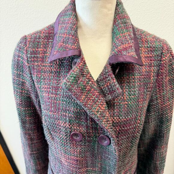 Apostrophe Trench Pea Coat Womens Multicolor Woven Tweed Double Breasted Size 12 - Picture 3 of 15